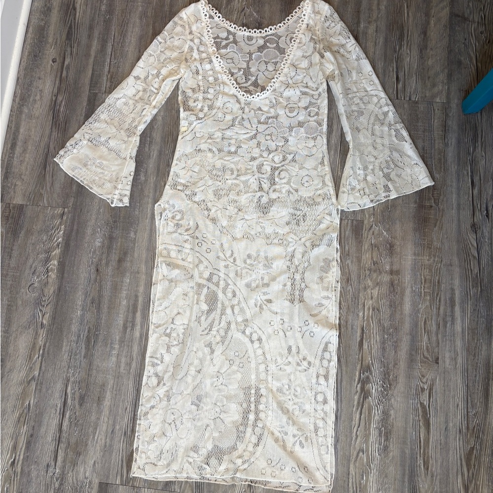 White Lace Midi Dress | Bell Sleeves | Deep V Neck | Boho Romantic - Picture 5 of 11